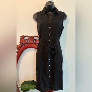 Annex Linen Blend Casual Black Sleeveless Button-Front Tie-Waist Midi Dress